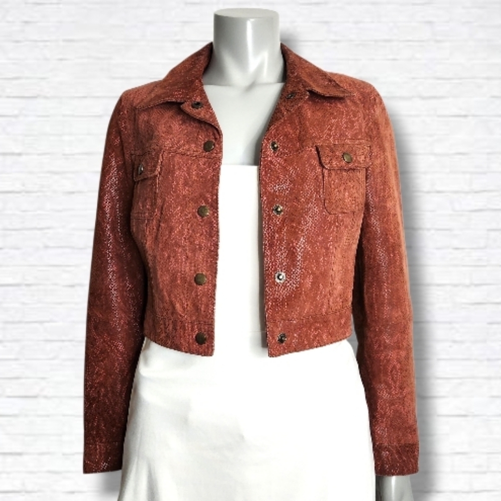 Vintage DINO'Z Metallic Reptile Print Leather Cropped Jacket Size XS